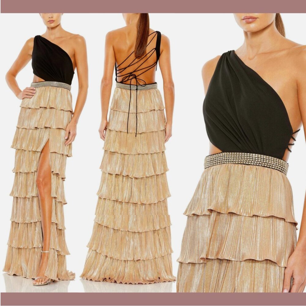 NWT $498 IEENA Mac Duggal [ 12 ] Metallic One Shoulder Ruffle Tiered‎ Gown #Q705